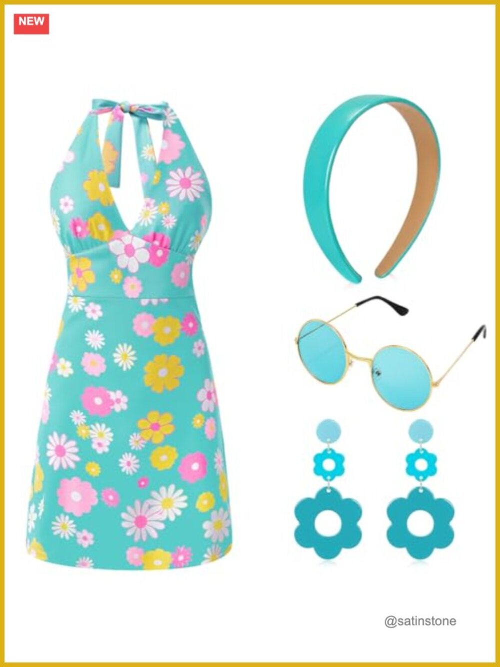 4 Pc 60s 70s Disco Costume Dress Headband Earrings Sunglasses Set